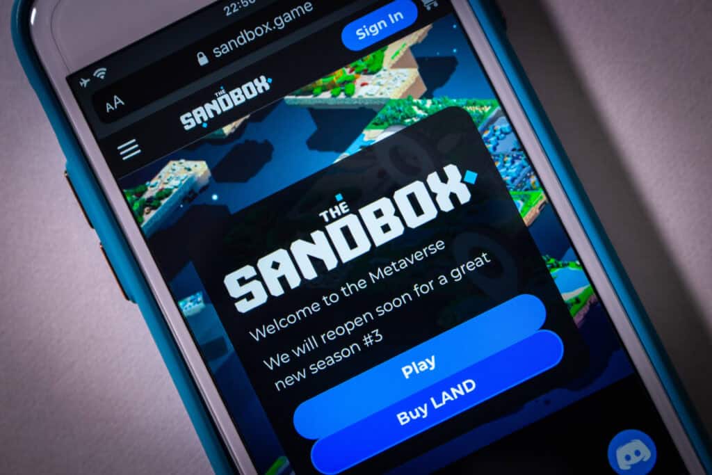 The Sandbox website on an iPhone in dark mood.