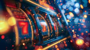 Vibrant gold Slot Machine with Bitcoin Symbols and Lucky Sevens. Concept banner for online casino using cryptocurrency in payments.