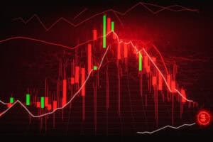 Digital money movement chart with crypto falling in price down to zero due to panic sell off by investors and traders reacting to negative news, red candlestick graph showing bear stock Generative AI