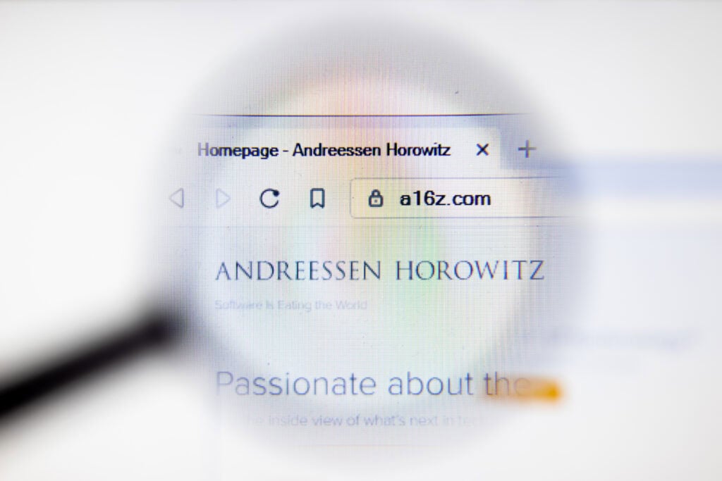 Andreessen Horowitz website logo on homepage.