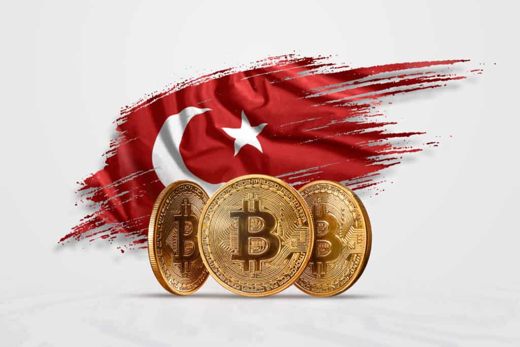 Coin bitcoin against the background of the flag of Turkey.
