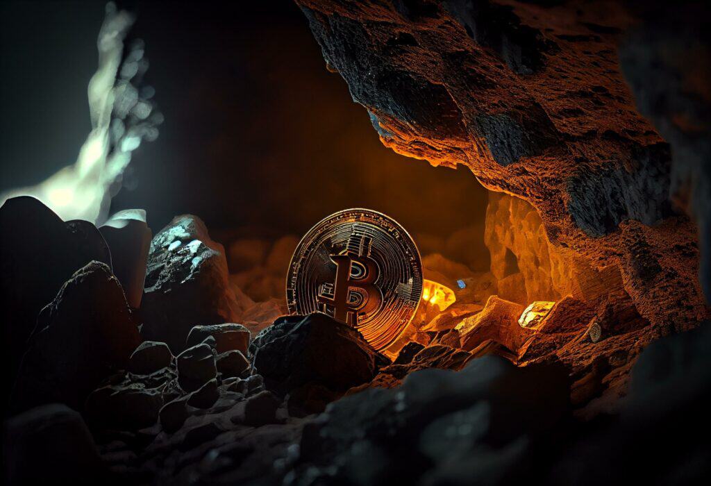 Golden bitcoin mining in deep mine cave