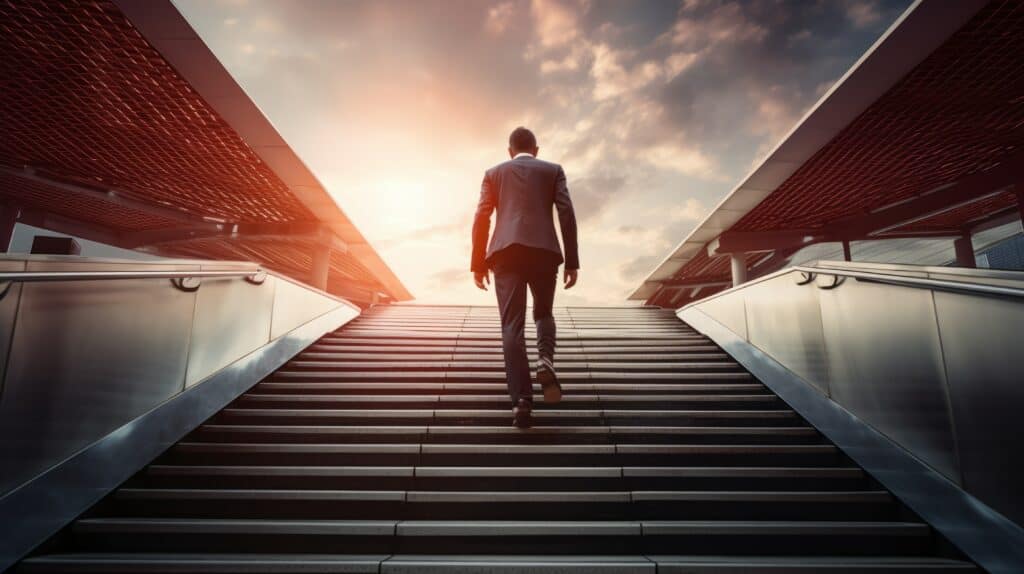 Rear view An ambitious businessman wearing a suit climbs the stairs to meet new challenges and opportunities against a background of blue sky.