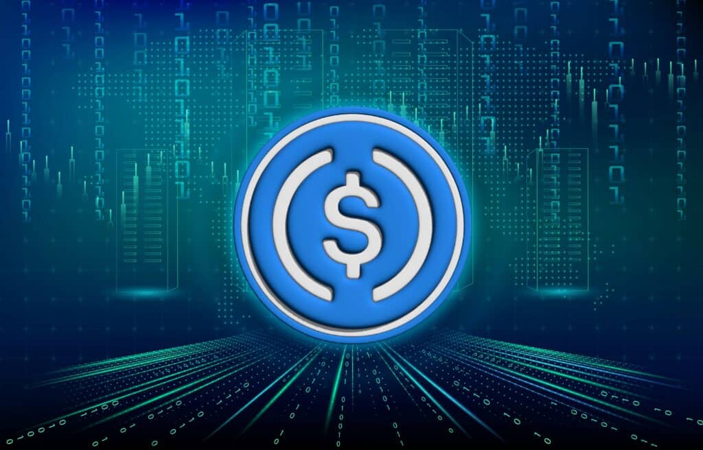 USDC virtual currency images on digital background.