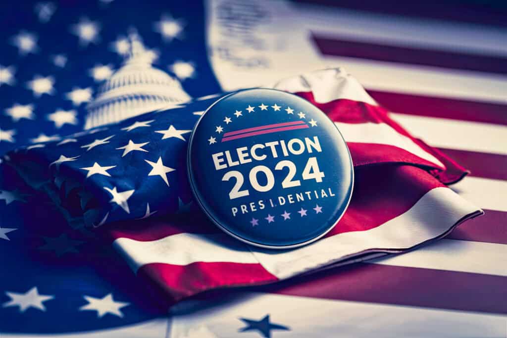 Vote election badge button with text Presidential Election 2024 background, lying at the American flag , vote USA 2024, 3D illustration.