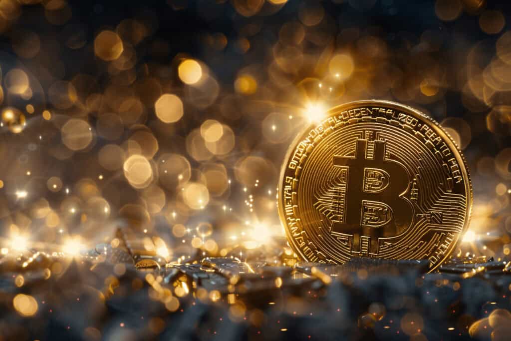 a gold coin with a bitcoin symbol on it