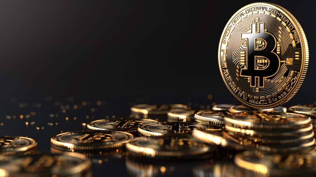a pile of gold coins and a bitcoin