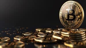 a pile of gold coins and a bitcoin
