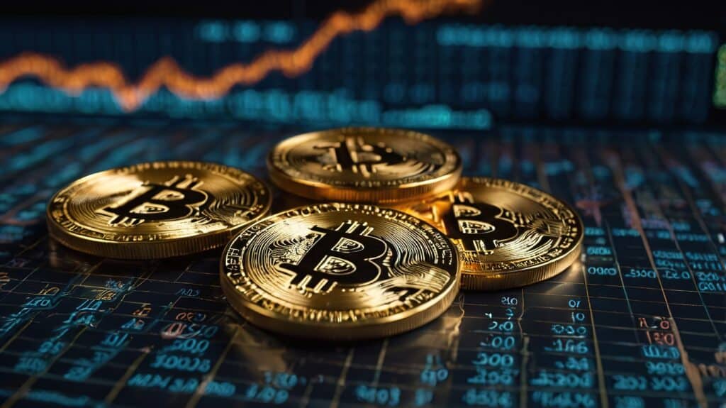 bitcoins on a table with stock markets digital analytics display background
