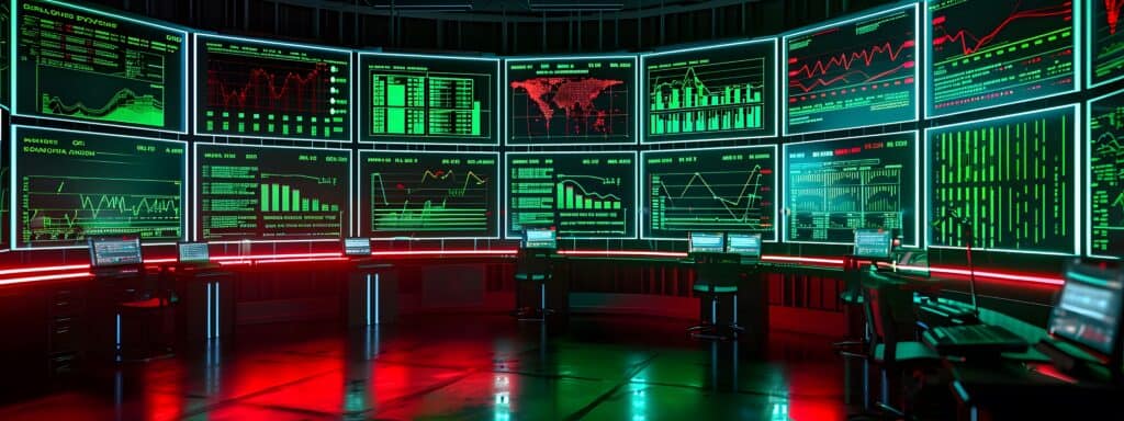 red green control room computers screens monitors stocks graphs charts
