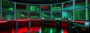 red green control room computers screens monitors stocks graphs charts