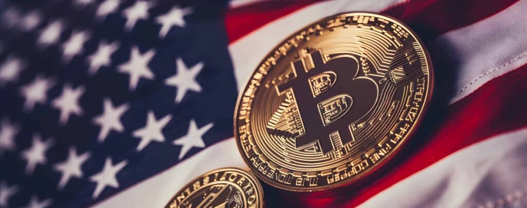 Bitcoin logo on top, with an American flag in the background