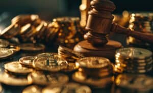 Golden Bitcoin Coins Gavel Table Justice Legal System Wealth Law Finance