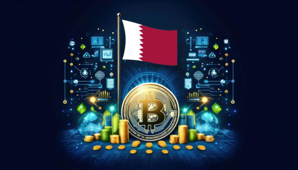 Bitcoin, the Qatar flag, and global elements highlight the international impact and growing significance of cryptocurrency