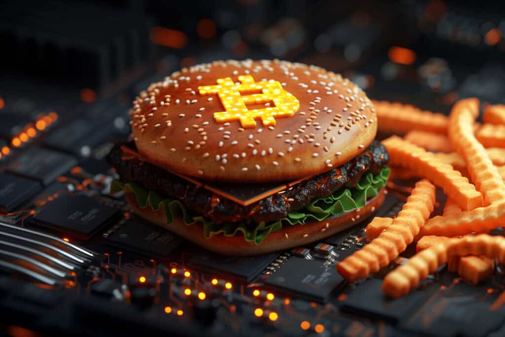 Hamburger with glowing Bitcoin symbol on the bun sitting on a circuit board with fries on the side