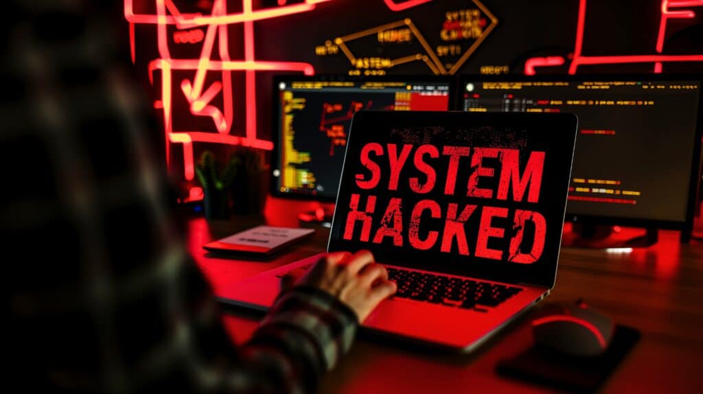 Laptop screen showing SYSTEM HACKED alert in bold text, hacker cybersecurity breach, digital code red danger background