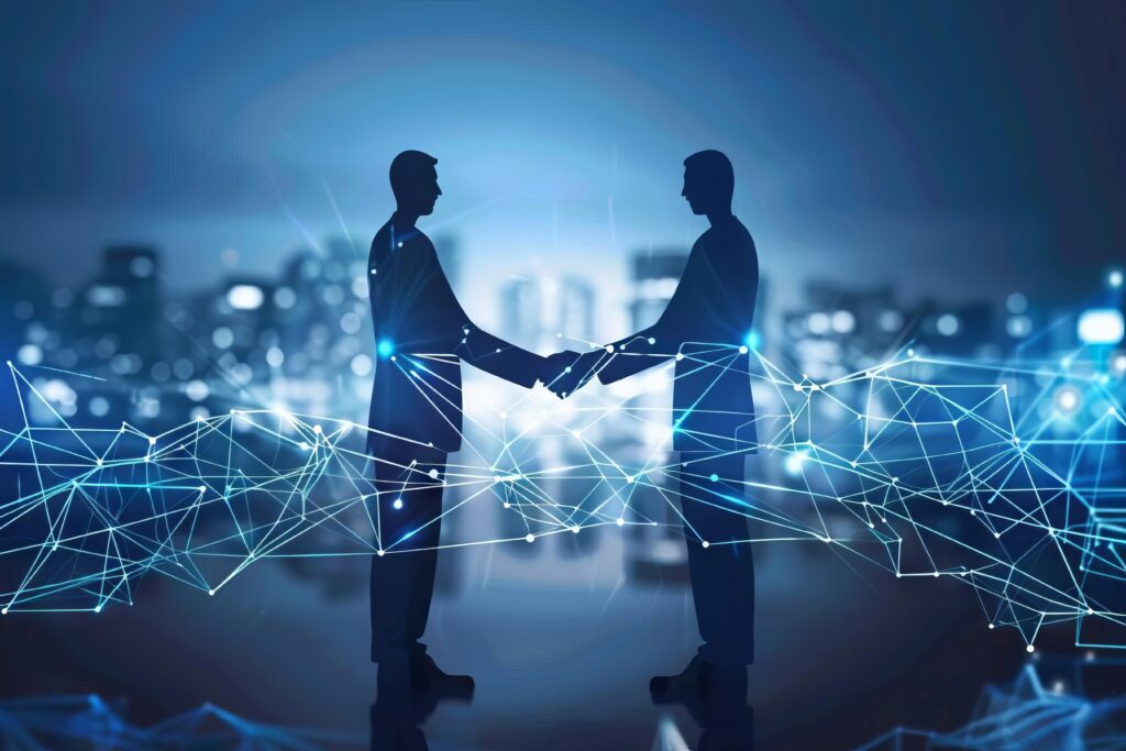 business partners shaking hands representing cooperation merger and acquisition