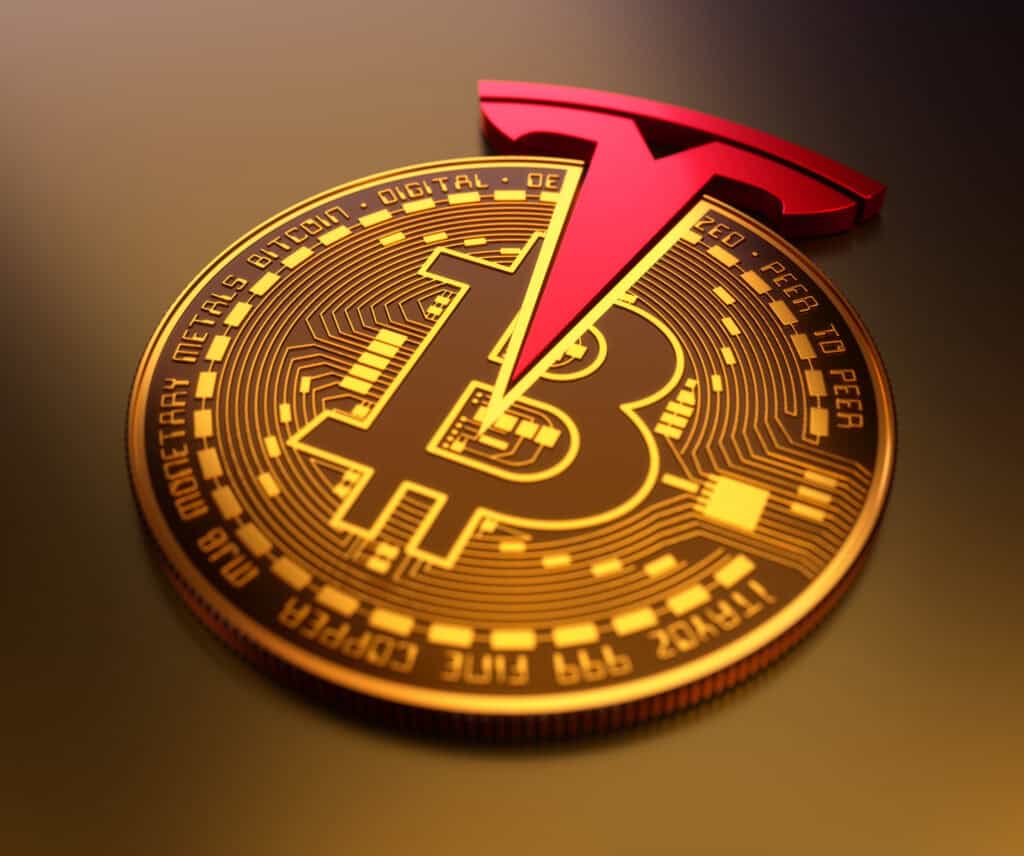 Red Tesla logo with goldish bitcoin