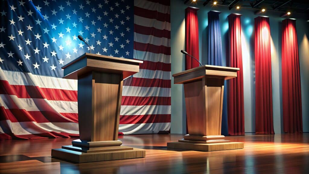 Two empty podiums stand on a dimly lit stage, set against a backdrop of the national flag, evoking a sense of intense political discussion and debate.