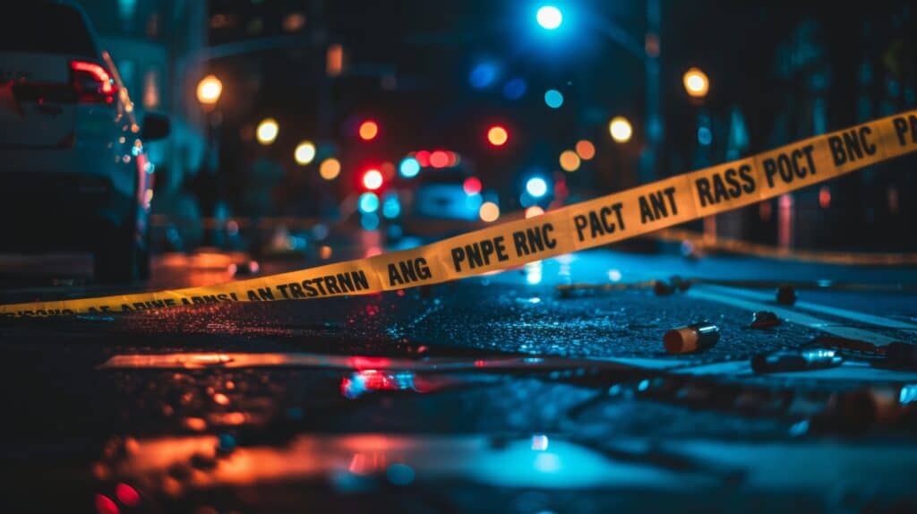 crime scene with yellow no trespassing tape at night with police in the background